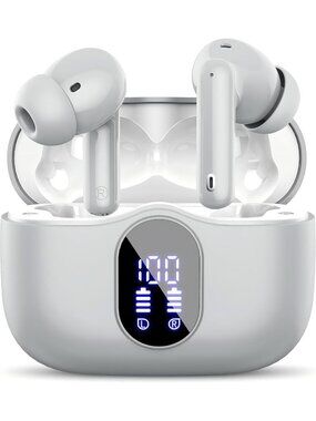 Wireless Grey Bass Stereo Noise Cancelling Mic LED Display Bluetooth 5.4 Earbud
